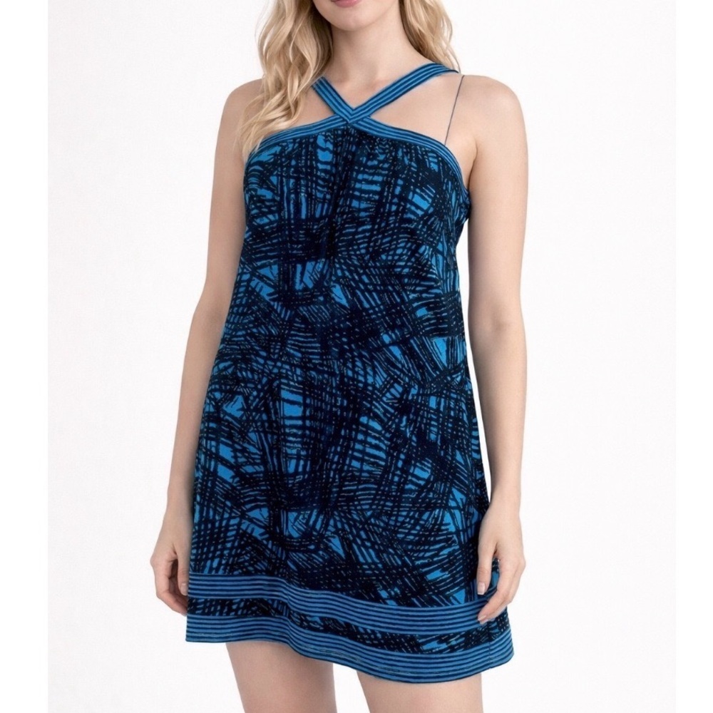 BCBG Maxazria Mini Dress abstract black & teal slinky stretch strappy SZ XS